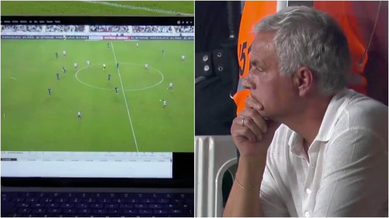 José Mourinho mette il computer davanti alla telecamera per evidenziare un errore arbitrale durante Fenerbahçe-Antalyaspor, ma viene subito ammonito.